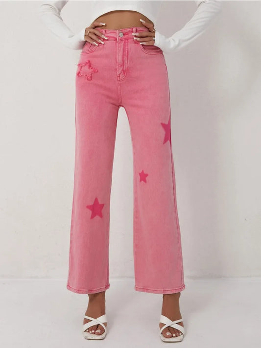 Passion Pink Star Flared Leg High Waist Stylish  Denim