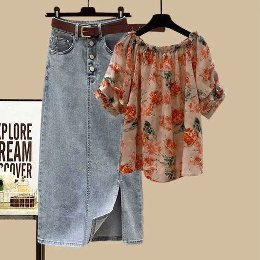 Women's Short Sleeved Floral Top & Denim Skirt