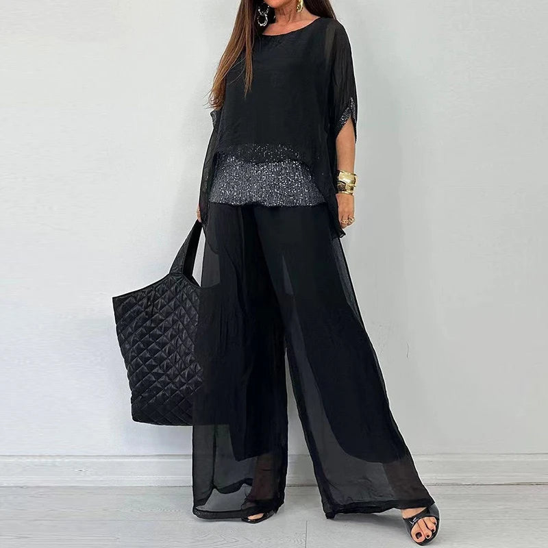 Chiffon Pants Suit With Wide Legs And Sequin Detaile