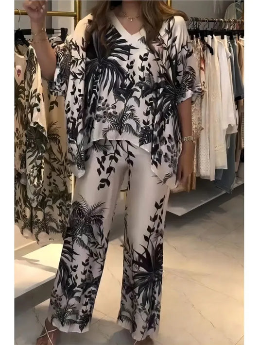 Women Elegant Spring Fashion V-Neck Top & Wide Leg Pants Set