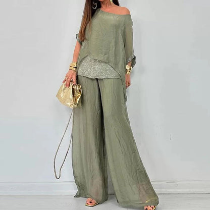 Chiffon Pants Suit With Wide Legs And Sequin Detaile