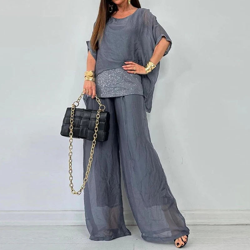 Chiffon Pants Suit With Wide Legs And Sequin Detaile