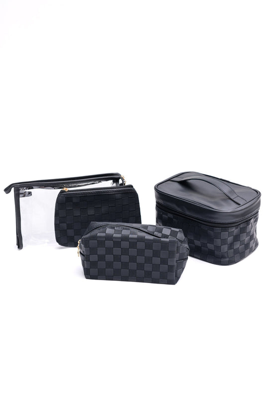 Subtly Checked Cosmetic Bags - Set of 4 in Black