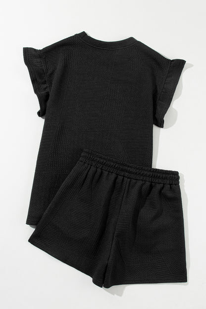 Black Textured Ruffle Split Top And Drawstring Shorts Set