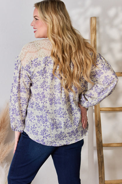 Hailey & Co Full Size Lace Accents Printed Blouse