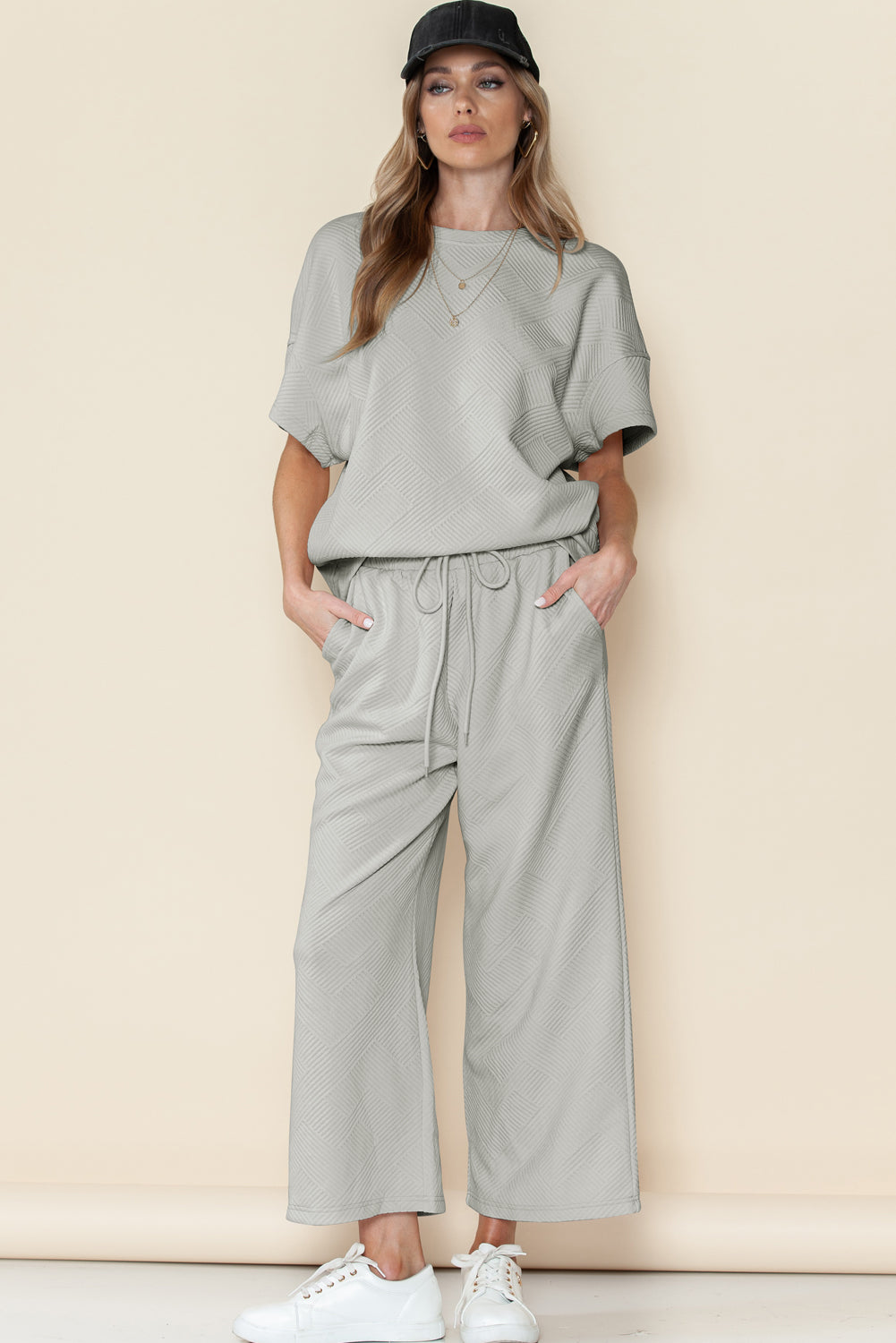 Textured Loose Fit T Shirt & Drawstring Pants Set