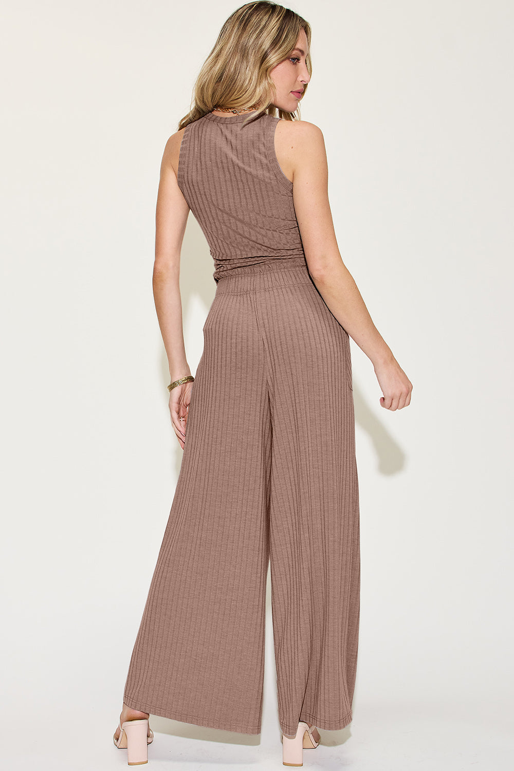 Basic Bee Ribbed Tank and Wide Leg Pants Set