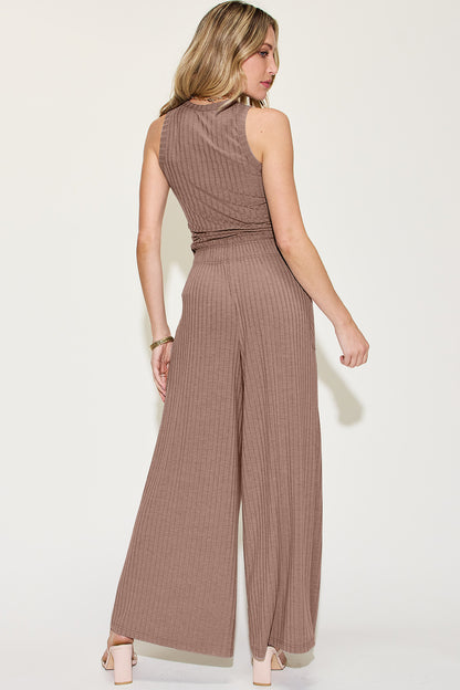 Basic Bee Ribbed Tank and Wide Leg Pants Set