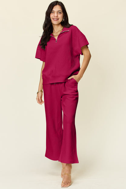 Do A Double Take Texture Half Zip Short Sleeve Top and Pants Set