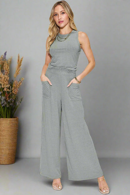 Basic Bee Ribbed Tank and Wide Leg Pants Set