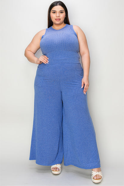 Basic Bee Ribbed Tank and Wide Leg Pants Set