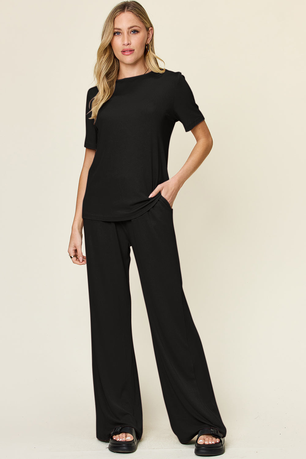 Bee Comfortable In This Round Neck Short Sleeve T-Shirt and Wide Leg Pants Set