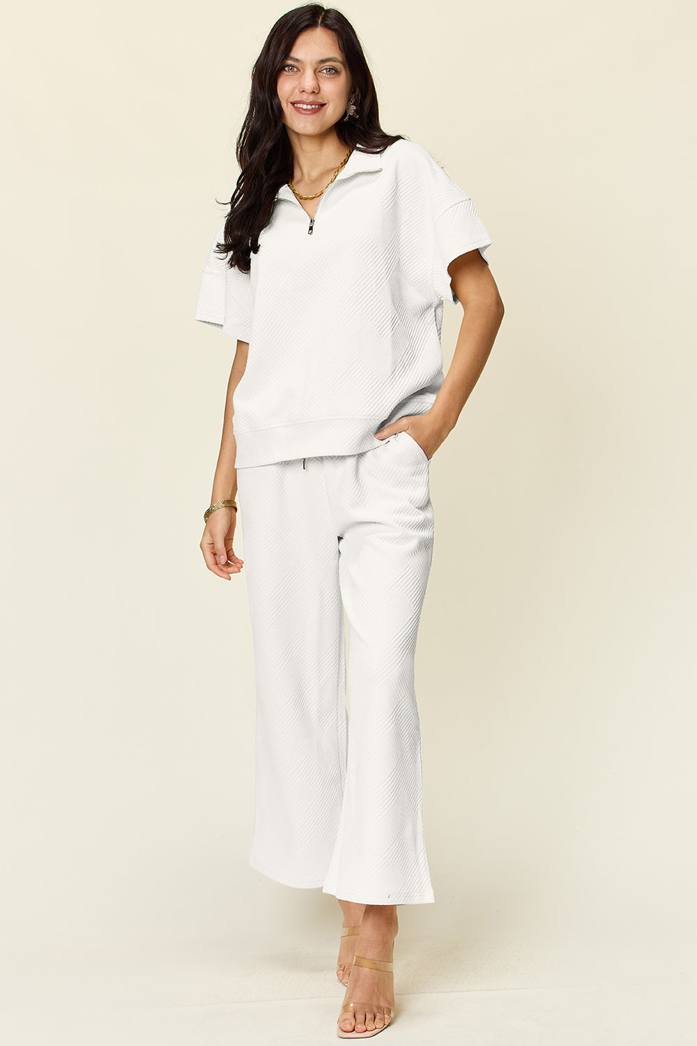 Texture Half Zip Short Sleeve Top and Pants Set