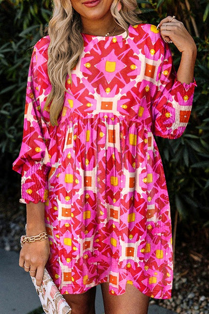 Geometric Print Smocked Long Sleeve Mini Dress