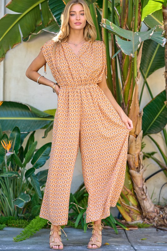 Printed V-Neck Sleeveless Jumpsuit - Bee Creek Apparel