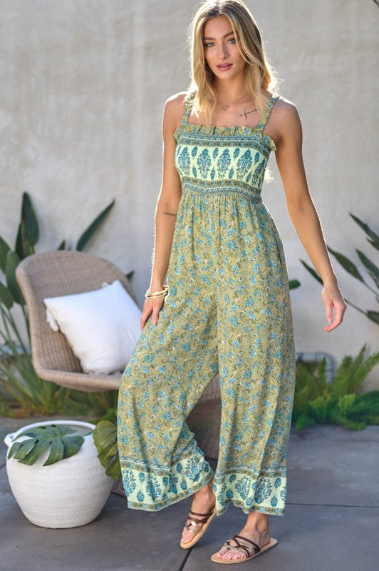 Floral Smocked Detail With Ruffle Jumpsuit - Bee Creek Apparel
