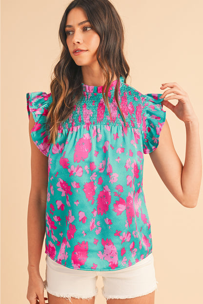 Green Floral Print Ruffled Flutter Shoulder Smocked Blouse