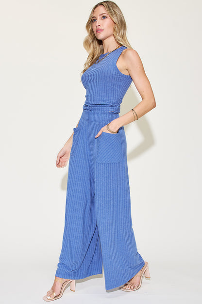 Basic Bee Ribbed Tank and Wide Leg Pants Set