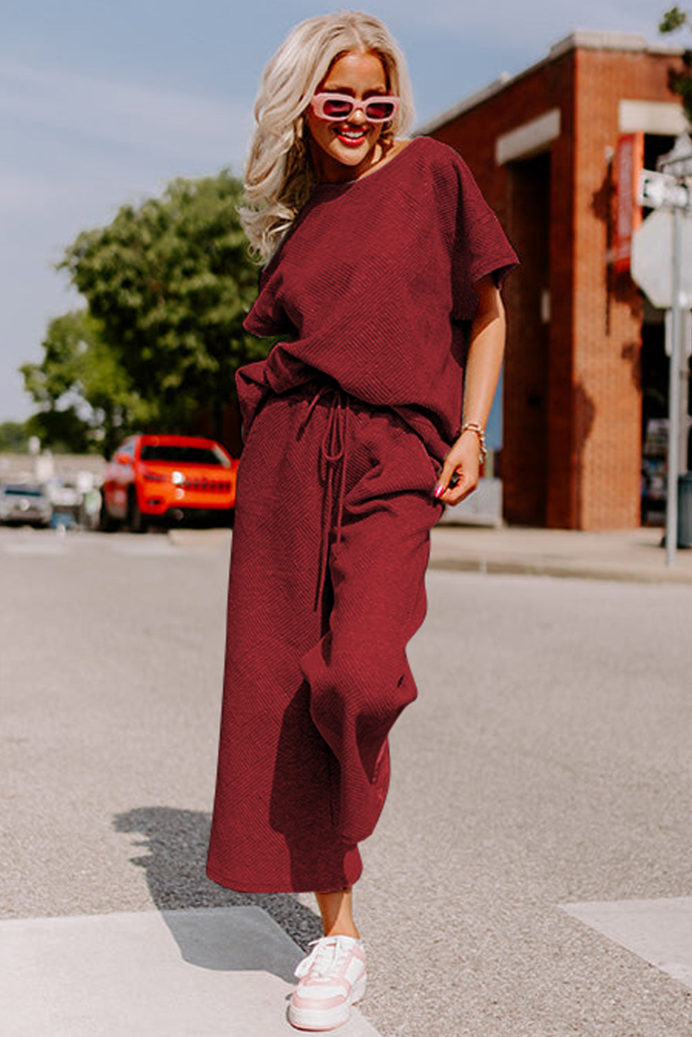 Textured Loose Fit T Shirt & Drawstring Pants Set