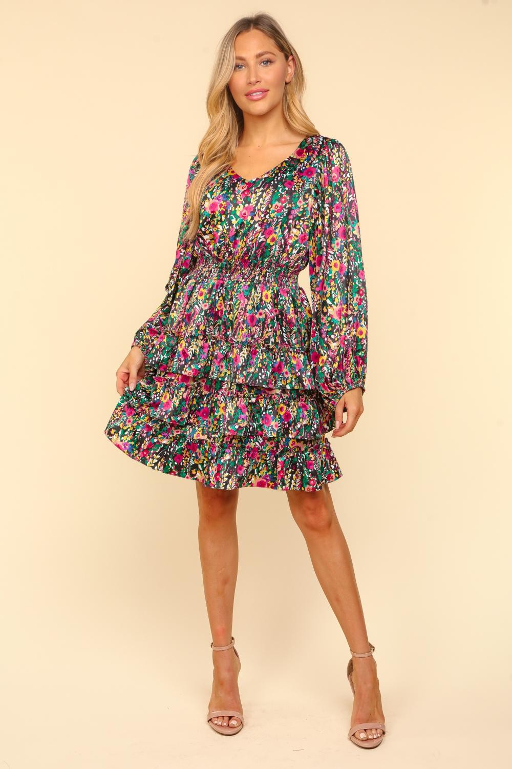 Bee Festive With This V-Neck Satin Floral Layered Dress