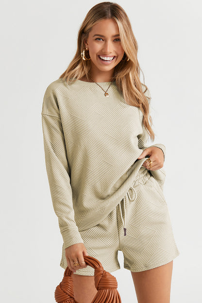On The Go Texture Long Sleeve Top and Drawstring Shorts Set - Bee Creek Apparel