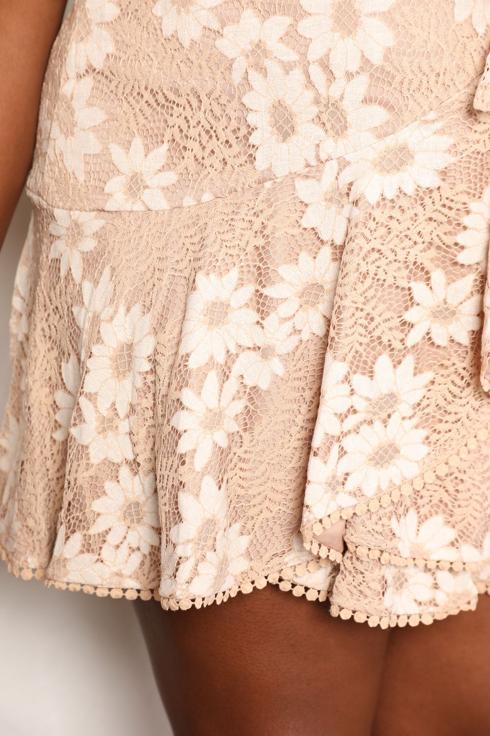 Step Out Floral Lace Pompom Detail Tie-Waist Flutter Sleeve Dress - Bee Creek Apparel