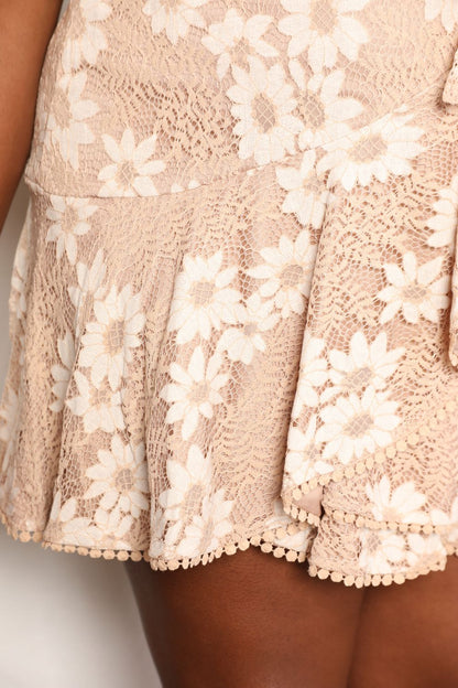 Step Out Floral Lace Pompom Detail Tie-Waist Flutter Sleeve Dress - Bee Creek Apparel