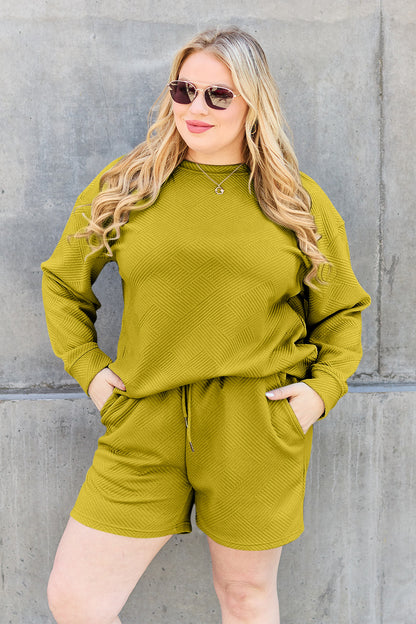 On The Go Texture Long Sleeve Top and Drawstring Shorts Set - Bee Creek Apparel