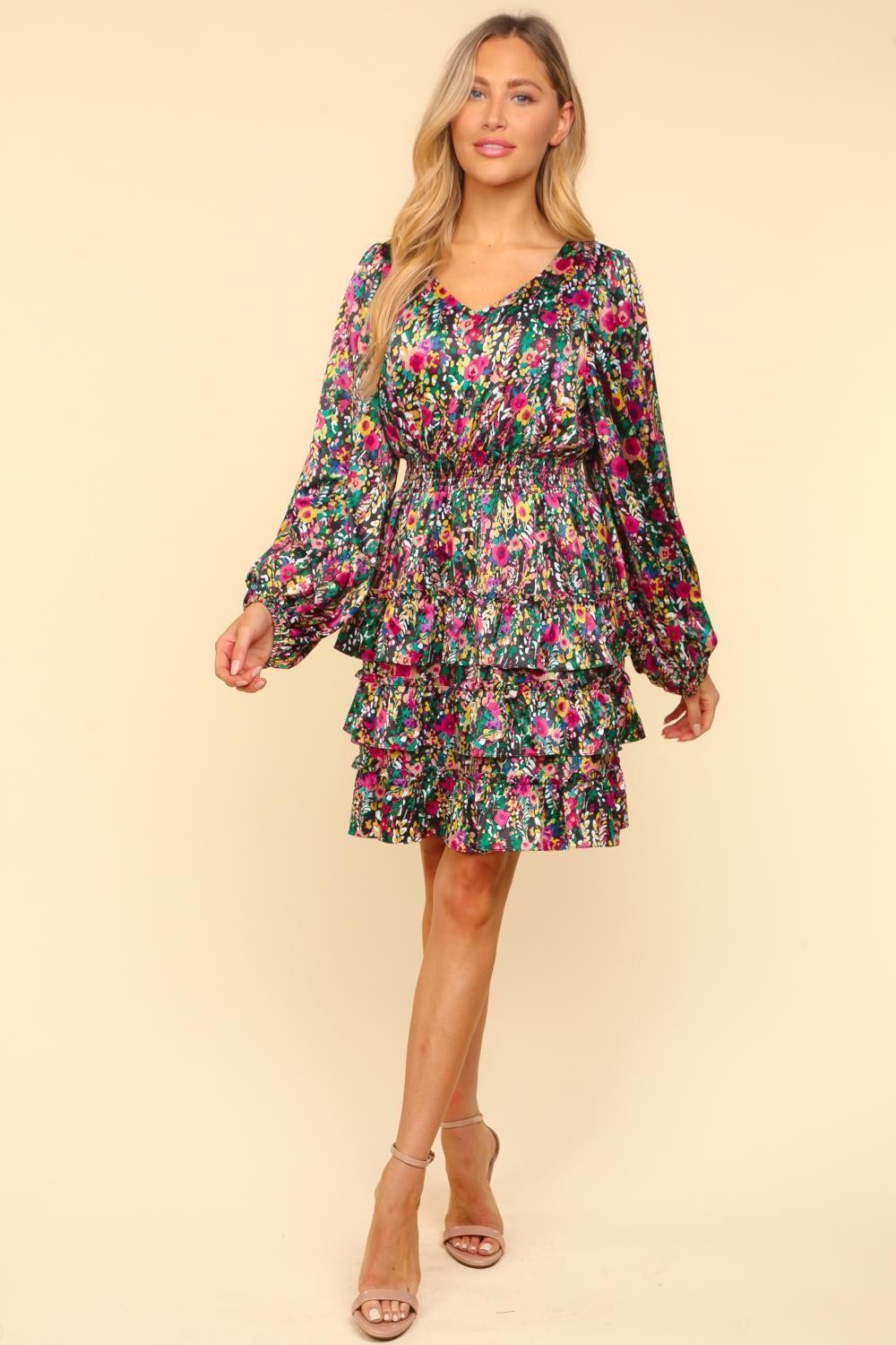 Bee Festive With This V-Neck Satin Floral Layered Dress