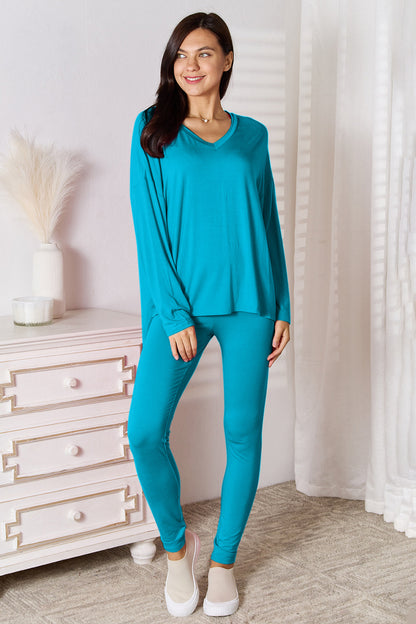 Go Basic With Our V-Neck Soft Rayon Long Sleeve Top and Pants Activewear Set - Bee Creek Apparel