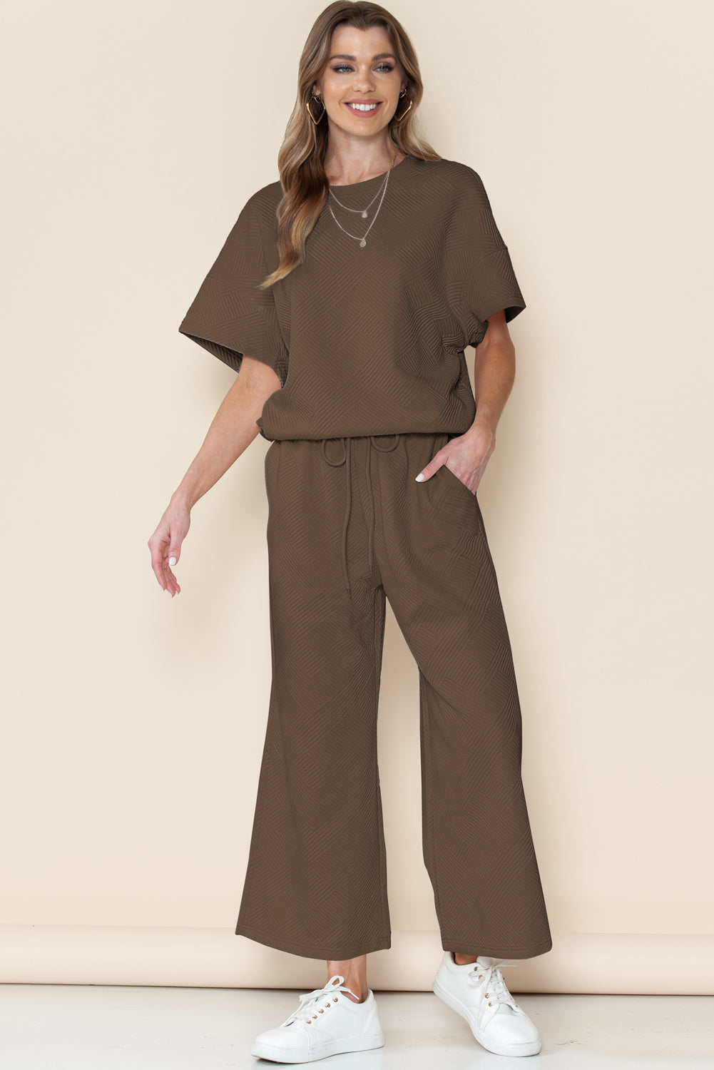 Textured Loose Fit T Shirt & Drawstring Pants Set