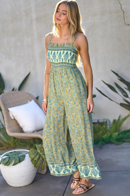 Floral Smocked Detail With Ruffle Jumpsuit - Bee Creek Apparel