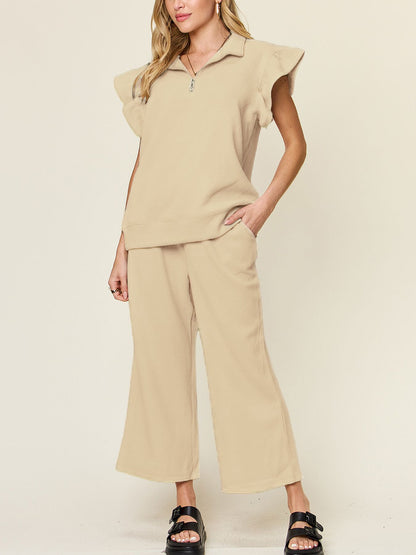 Our  Ruffle Short With Top and Drawstring Wide Leg Pant Set