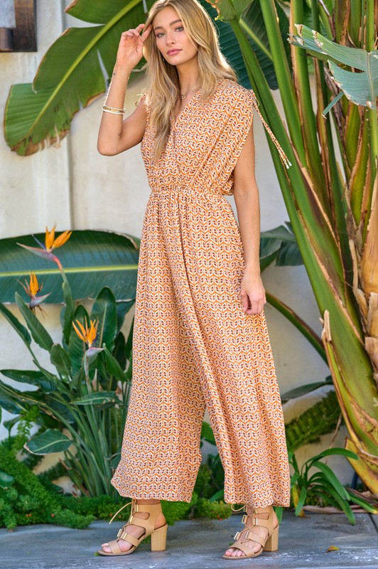 Printed V-Neck Sleeveless Jumpsuit - Bee Creek Apparel
