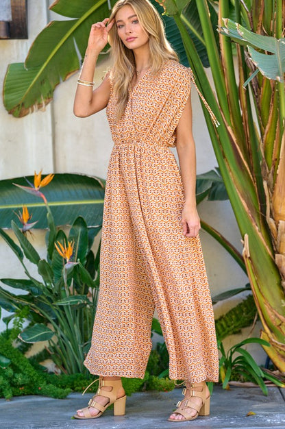 Printed V-Neck Sleeveless Jumpsuit - Bee Creek Apparel