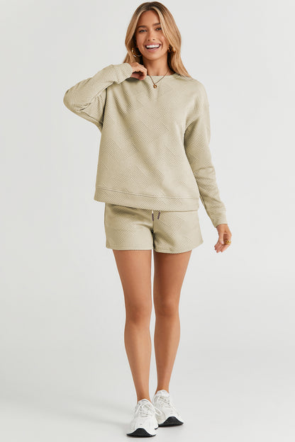 On The Go Texture Long Sleeve Top and Drawstring Shorts Set - Bee Creek Apparel