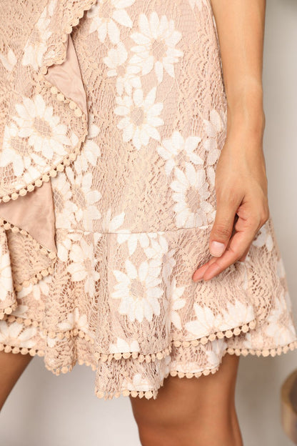 Step Out Floral Lace Pompom Detail Tie-Waist Flutter Sleeve Dress - Bee Creek Apparel