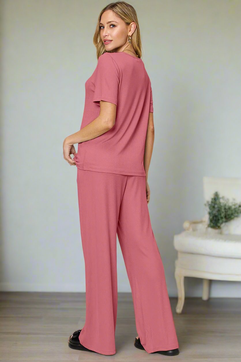 Bee Comfortable In This Round Neck Short Sleeve T-Shirt and Wide Leg Pants Set