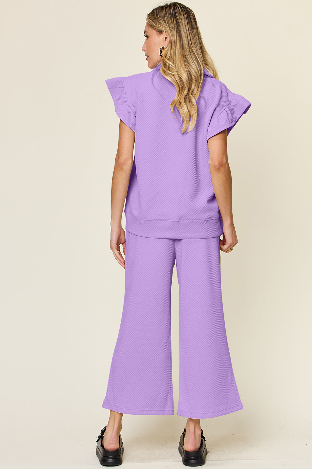 Our  Ruffle Short With Top and Drawstring Wide Leg Pant Set