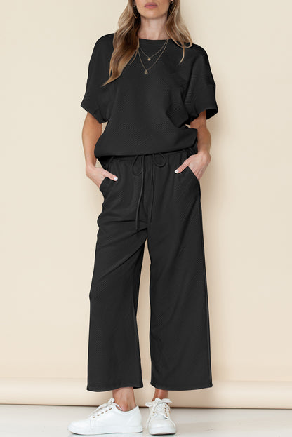 Textured Loose Fit T Shirt & Drawstring Pants Set