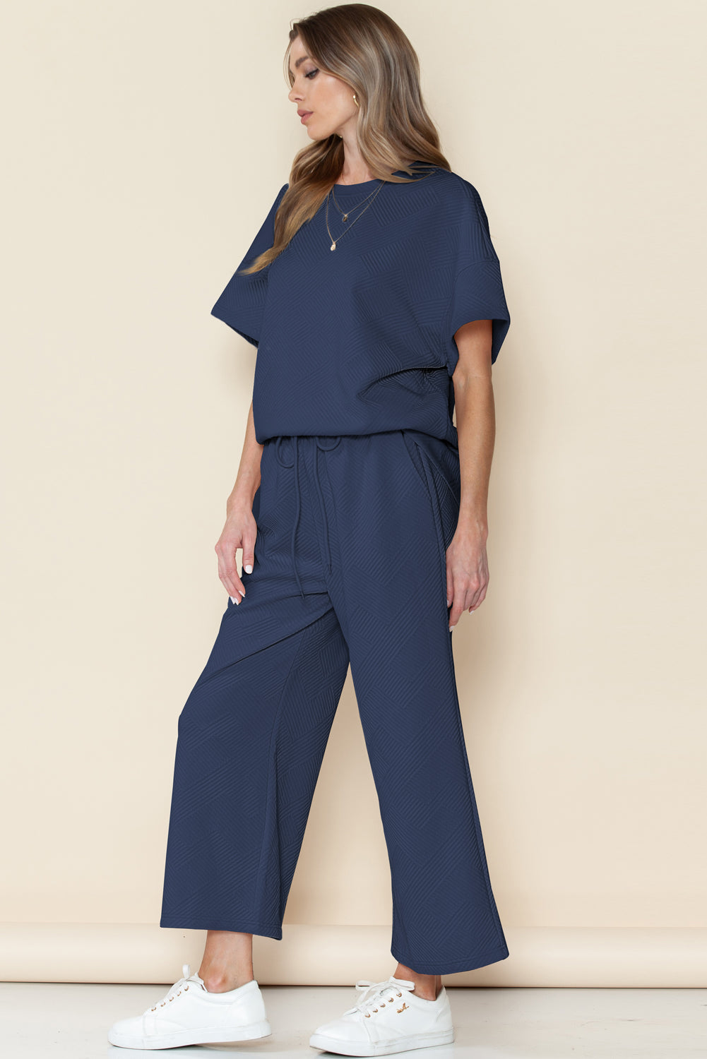 Textured Loose Fit T Shirt & Drawstring Pants Set