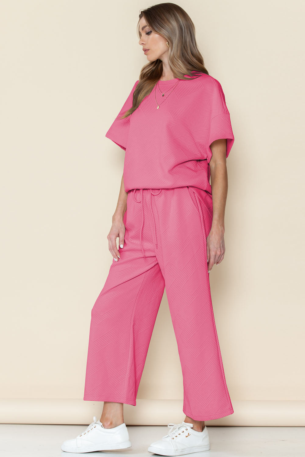 Textured Loose Fit T Shirt & Drawstring Pants Set