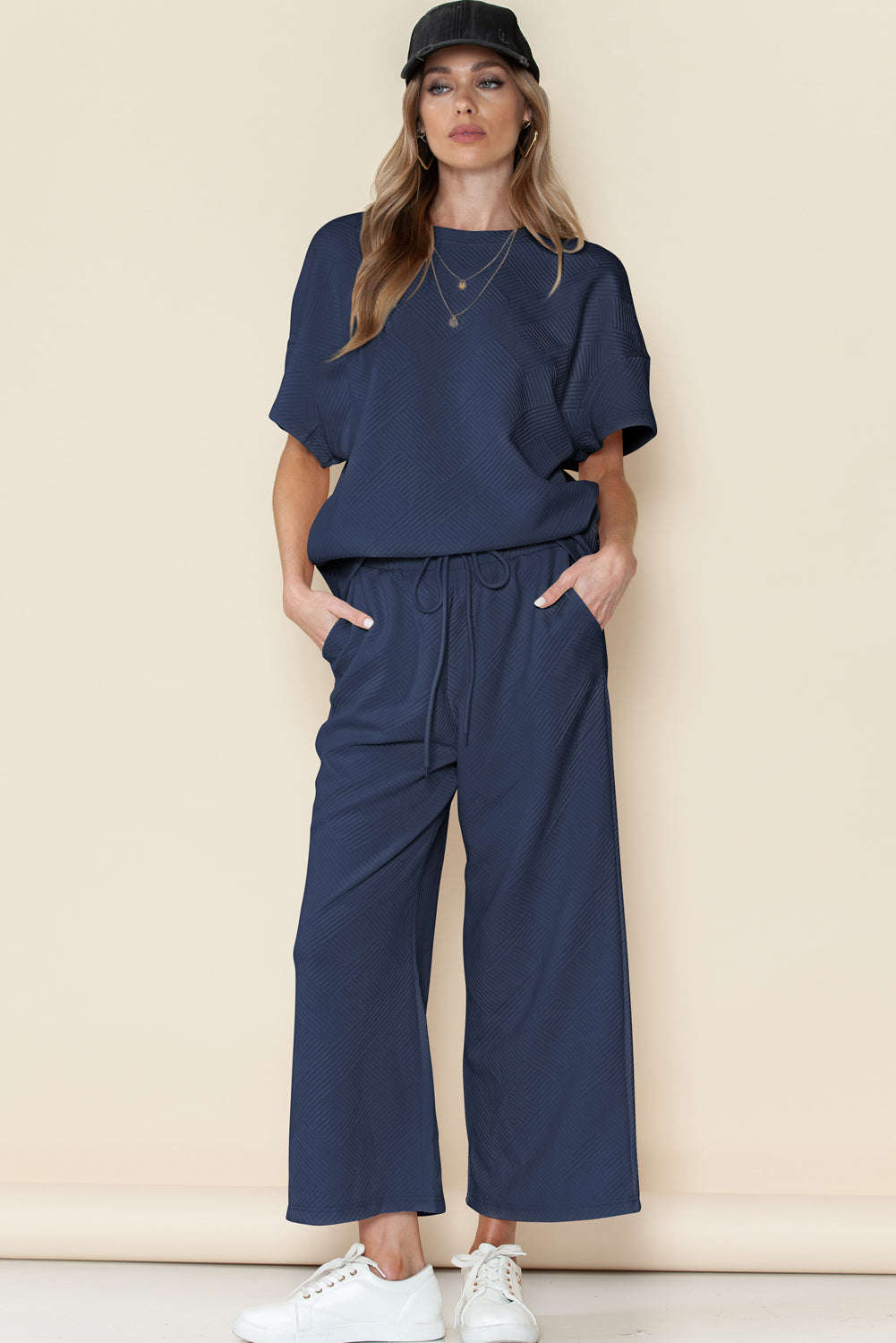 Textured Loose Fit T Shirt & Drawstring Pants Set