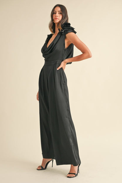 Try On This Stunning Satin And Embellished Floral Applique Cowl Neck Jumpsuit