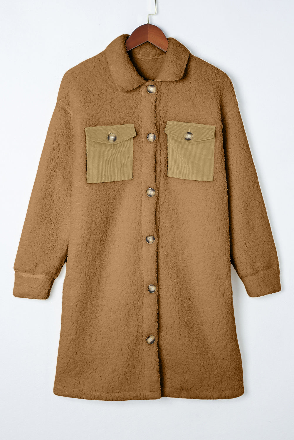 Blue Contrast Flap Pocket Single Breasted Teddy Coat