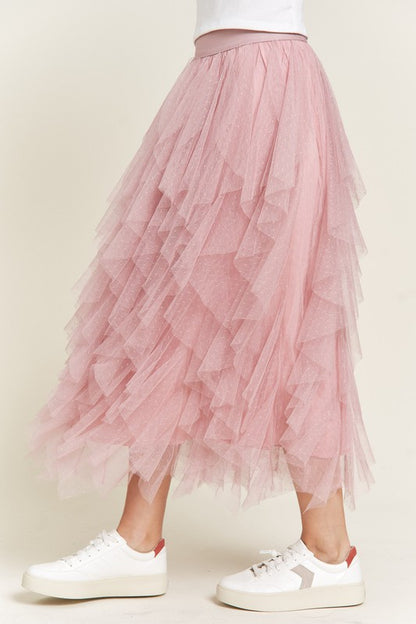 Polka Dot Mesh Lined A-Line Midi Skirt