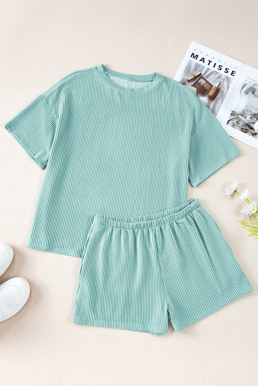 Iceland Blue Ribbed Textured Loose Fit Tee & Shorts Set