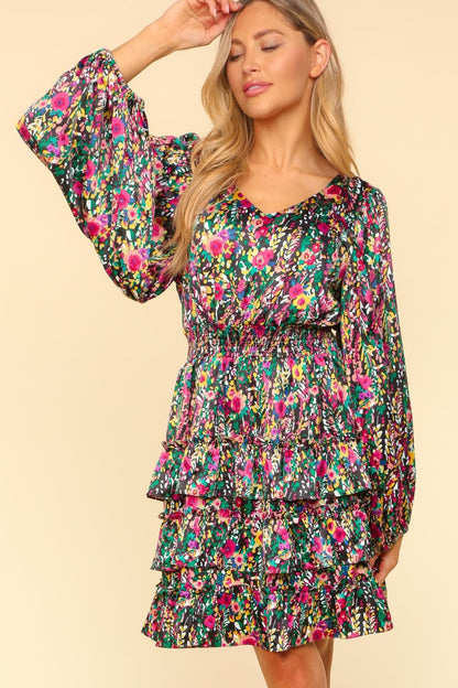 Bee Festive With This V-Neck Satin Floral Layered Dress