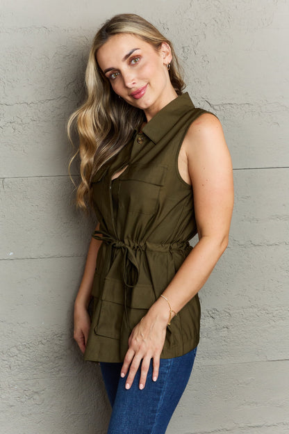 This Stylish Sleeveless Collared Button Down Top in Army Green