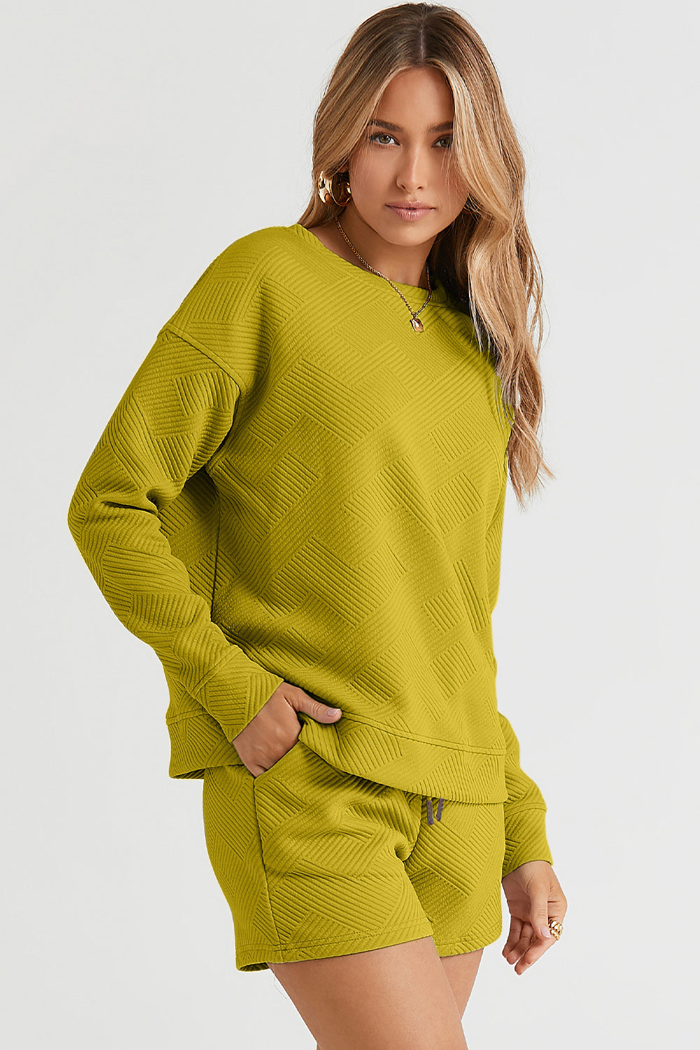 On The Go Texture Long Sleeve Top and Drawstring Shorts Set - Bee Creek Apparel
